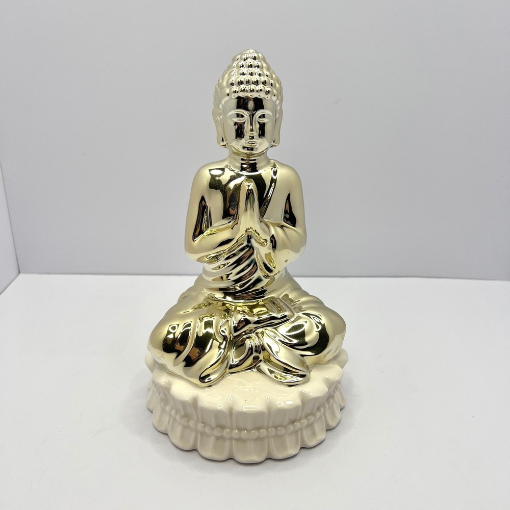 Gold Buddha Figurine Home Decor‎ Zen Statue Champagne Soft Gold with Cream Stand